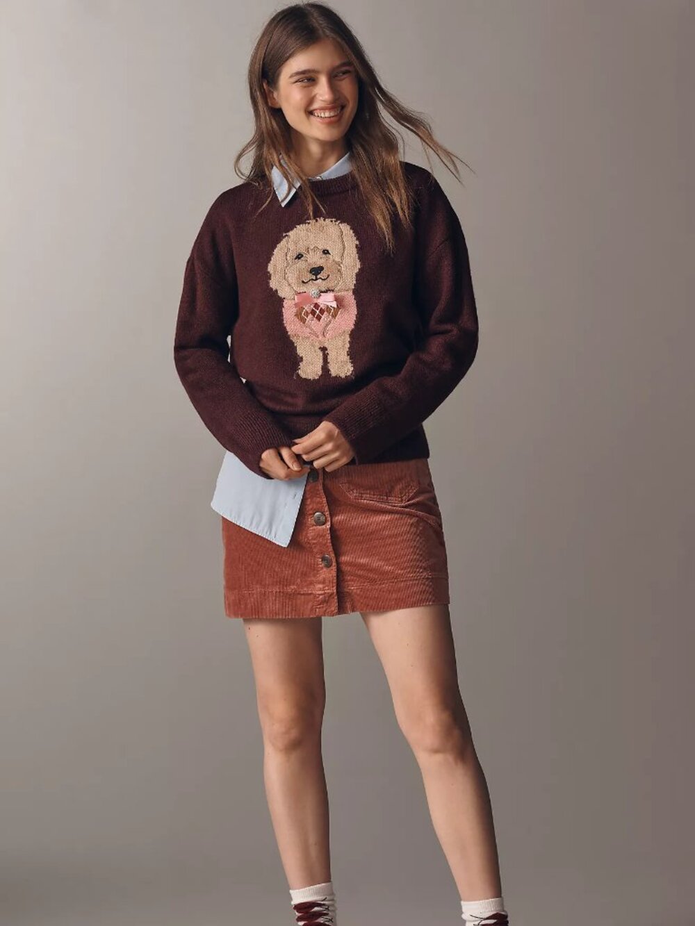 Anthropologie Maeve Crew-Neck Dog Icon Pullover Sweater, Wine Lab, S - Picture 4 of 5